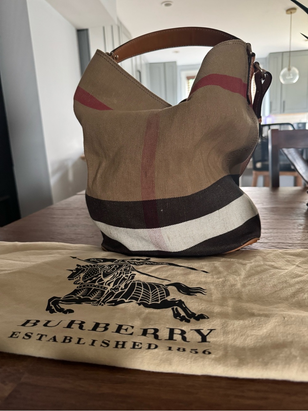Burberry Tan Canvas Messenger Bag with Brown and White Stripes